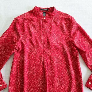 Ralph Lauren Tunic Women M Red Geometric Top Relaxed Half Button Up Boho Casual